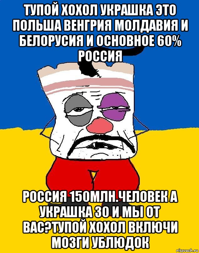 Тупой хохол украшка это польша венгрия молдавия и белорусия и основное 60% россия Россия 150млн.человек а украшка 30 и мы от вас?тупой хохол включи мозги ублюдок, Мем Западенец - тухлое сало