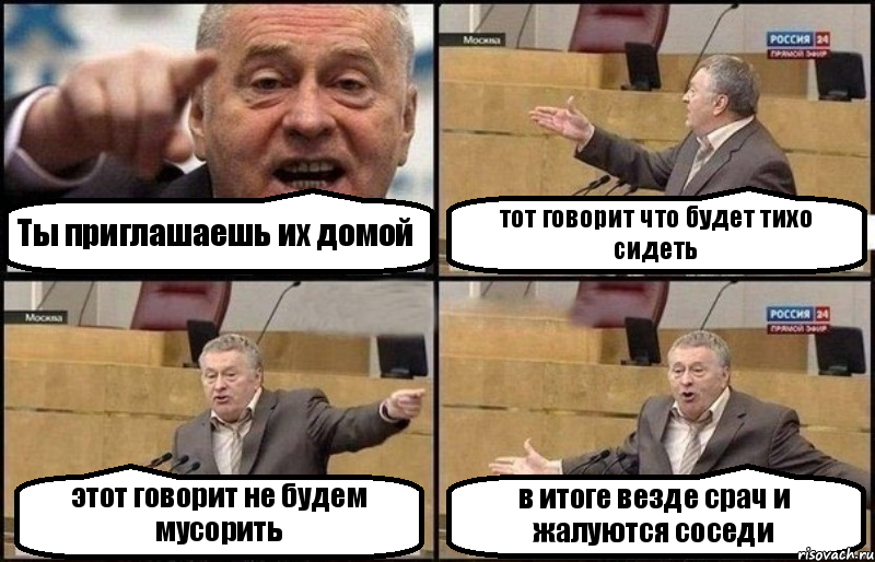 Ты приглашаешь их домой тот говорит что будет тихо сидеть этот говорит не будем мусорить в итоге везде срач и жалуются соседи, Комикс Жириновский