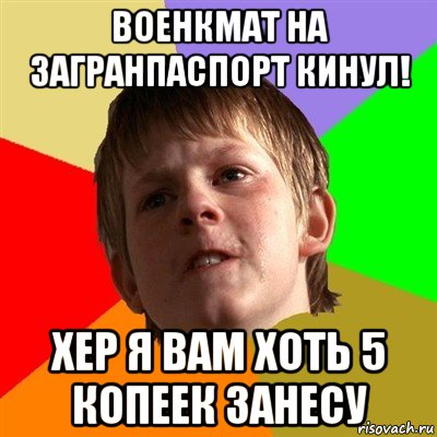 военкмат на загранпаспорт кинул! хер я вам хоть 5 копеек занесу, Мем Злой школьник