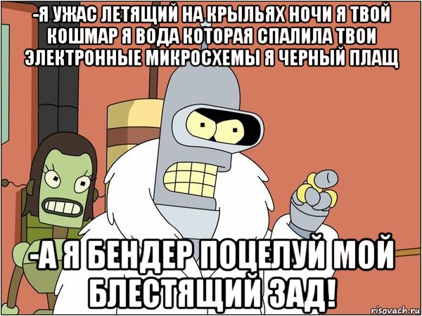 -я ужас летящий на крыльях ночи я твой кошмар я вода которая спалила твои электронные микросхемы я черный плащ -а я бендер поцелуй мой блестящий зад!, Мем Бендер