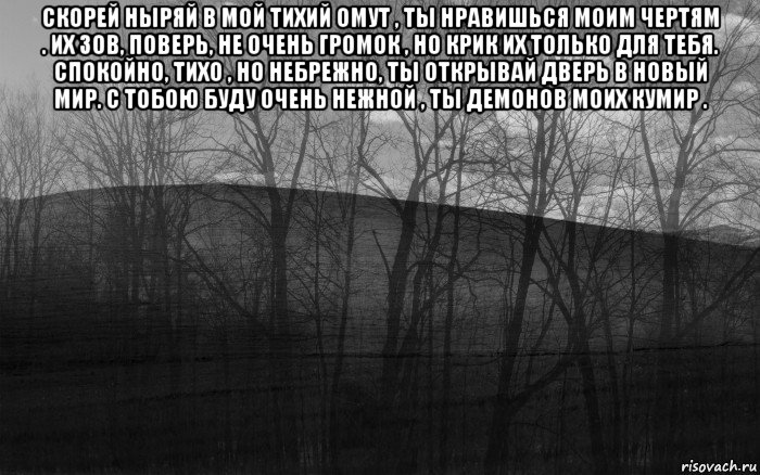 скорей ныряй в мой тихий омут , ты нравишься моим чертям . их зов, поверь, не очень громок , но крик их только для тебя. спокойно, тихо , но небрежно, ты открывай дверь в новый мир. с тобою буду очень нежной , ты демонов моих кумир . , Мем безысходность лес