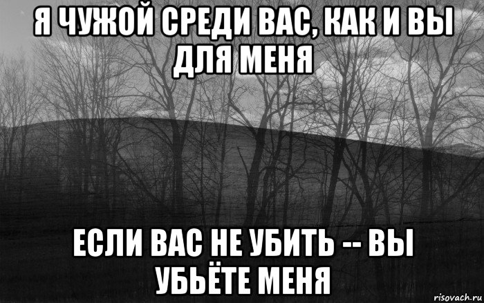 я чужой среди вас, как и вы для меня если вас не убить -- вы убьёте меня, Мем безысходность лес