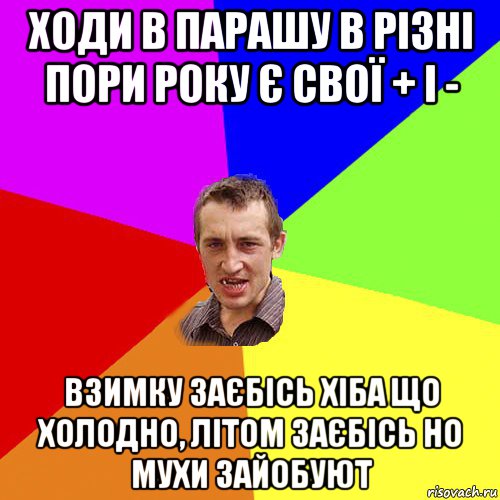 ходи в парашу в різні пори року є свої + і - взимку заєбісь хіба що холодно, літом заєбісь но мухи зайобуют, Мем Чоткий паца