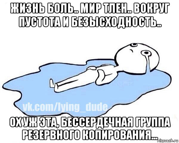 жизнь боль.. мир тлен.. вокруг пустота и безысходность.. ох уж эта, бессердечная группа резервного копирования..., Мем Этот момент когда