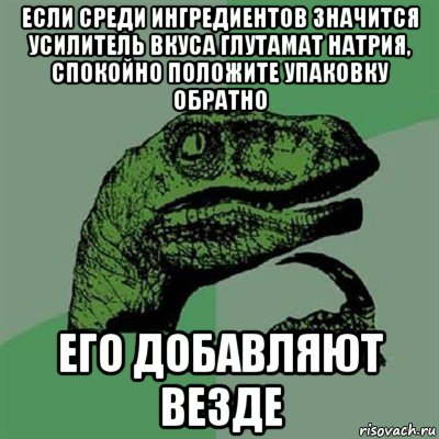 если среди ингредиентов значится усилитель вкуса глутамат натрия, спокойно положите упаковку обратно его добавляют везде, Мем Филосораптор