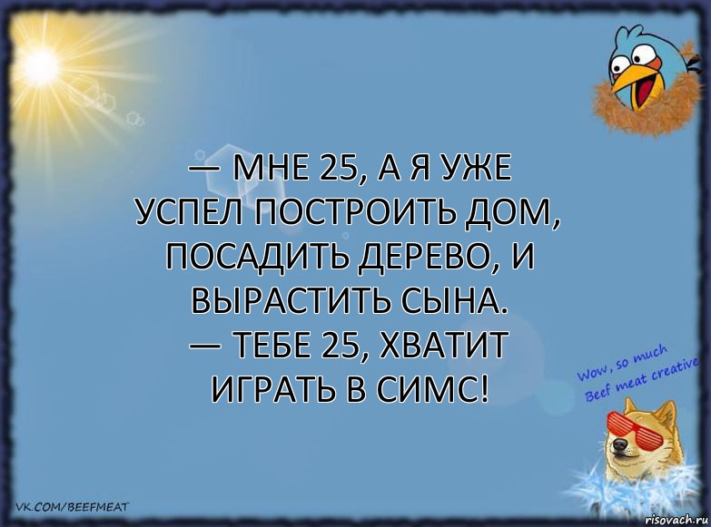 — Мне 25, а я уже успел построить дом, посадить дерево, и вырастить сына.
— Тебе 25, хватит играть в симс!, Комикс ФОН