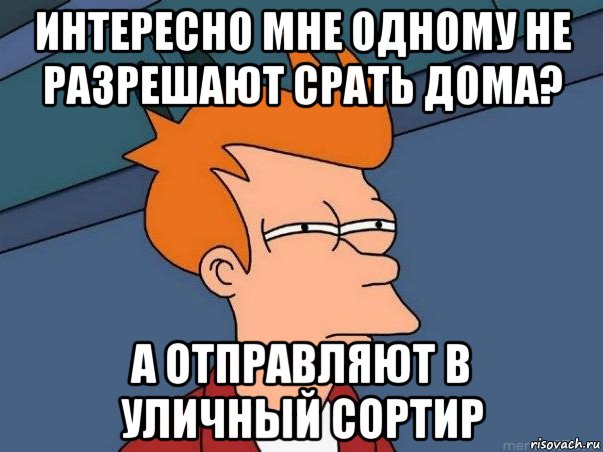 интересно мне одному не разрешают срать дома? а отправляют в уличный сортир, Мем  Фрай (мне кажется или)