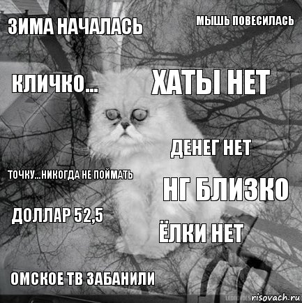 Зима началась НГ близко Хаты нет Омское ТВ забанили Точку...Никогда не поймать Мышь повесилась Ёлки нет Кличко... Доллар 52,5 Денег нет