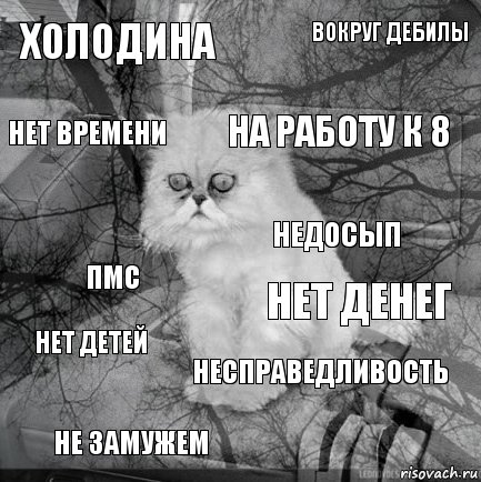 холодина нет денег на работу к 8 не замужем ПМС вокруг дебилы несправедливость нет времени нет детей недосып, Комикс  кот безысходность