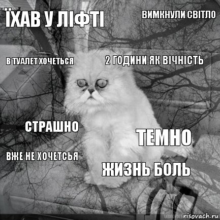 їхав у ліфті темно 2 години як вічність  страшно вимкнули світло жизнь боль в туалет хочеться вже не хочетсья 