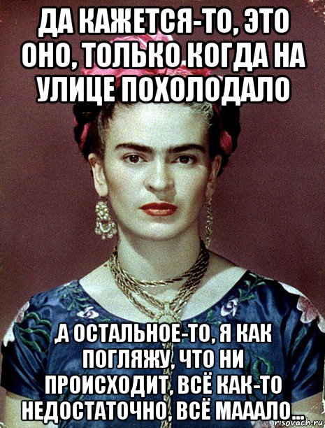 да кажется-то, это оно, только когда на улице похолодало ,а остальное-то, я как погляжу, что ни происходит, всё как-то недостаточно, всё мааало..., Мем Magdalena Carmen Frieda Kahlo Ca