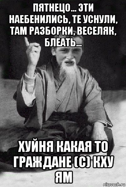 пятнецо... эти наебенились, те уснули, там разборки, веселяк, блеать... хуйня какая то граждане (с) кху ям, Мем Мудрий паца