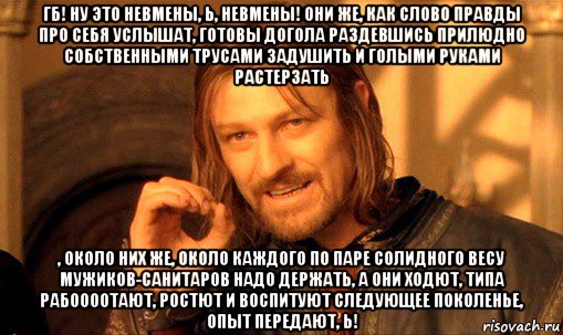 гб! ну это невмены, ь, невмены! они же, как слово правды про себя услышат, готовы догола раздевшись прилюдно собственными трусами задушить и голыми руками растерзать , около них же, около каждого по паре солидного весу мужиков-санитаров надо держать, а они ходют, типа рабоооотают, ростют и воспитуют следующее поколенье, опыт передают, ь!, Мем Нельзя просто так взять и (Боромир мем)