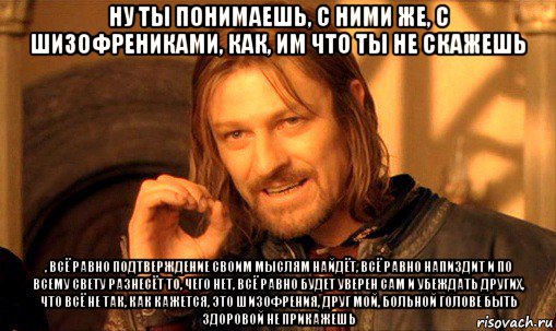 ну ты понимаешь, с ними же, с шизофрениками, как, им что ты не скажешь , всё равно подтверждение своим мыслям найдёт, всё равно напиздит и по всему свету разнесёт то, чего нет, всё равно будет уверен сам и убеждать других, что всё не так, как кажется, это шизофрения, друг мой, больной голове быть здоровой не прикажешь, Мем Нельзя просто так взять и (Боромир мем)