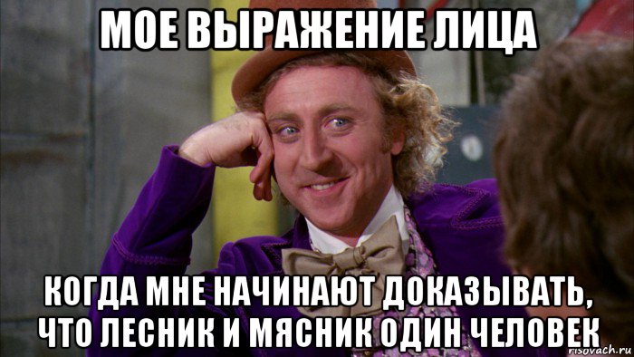 мое выражение лица когда мне начинают доказывать, что лесник и мясник один человек, Мем Ну давай расскажи (Вилли Вонка)