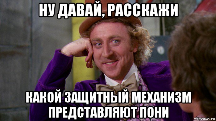 ну давай, расскажи какой защитный механизм представляют пони, Мем Ну давай расскажи (Вилли Вонка)