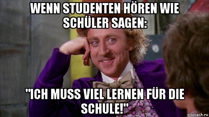 wenn studenten hören wie schüler sagen: "ich muss viel lernen für die schule!", Мем Ну давай расскажи (Вилли Вонка)