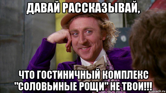 давай рассказывай, что гостиничный комплекс "соловьиные рощи" не твои!!!, Мем Ну давай расскажи (Вилли Вонка)