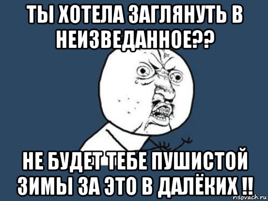 ты хотела заглянуть в неизведанное?? не будет тебе пушистой зимы за это в далёких !!, Мем Ну почему