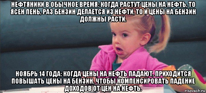 нефтяники в обычное время: когда растут цены на нефть, то ясен пень, раз бензин делается из нефти, то и цены на бензин должны расти. ноябрь 14 года: когда цены на нефть падают, приходится повышать цены на бензин, чтобы компенсировать падение доходов от цен на нефть., Мем  Ты говоришь (девочка возмущается)