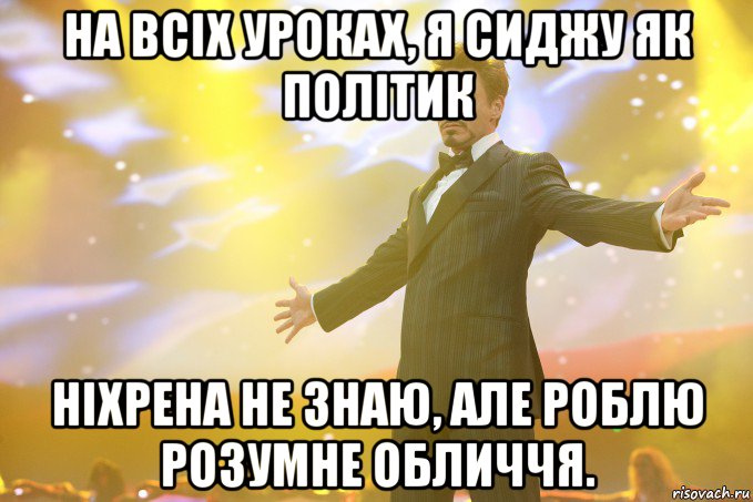 на всіх уроках, я сиджу як політик ніхрена не знаю, але роблю розумне обличчя., Мем Тони Старк (Роберт Дауни младший)