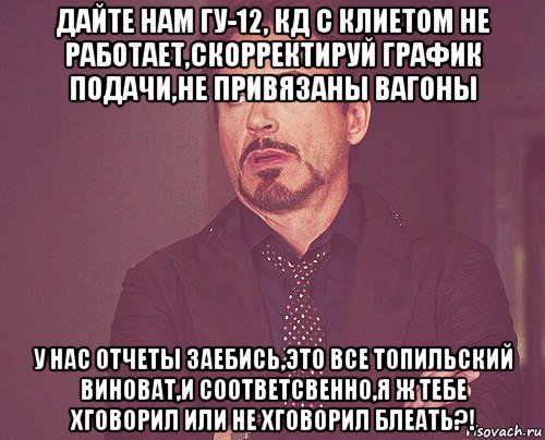 дайте нам гу-12, кд с клиетом не работает,скорректируй график подачи,не привязаны вагоны у нас отчеты заебись,это все топильский виноват,и соответсвенно,я ж тебе хговорил или не хговорил блеать?!, Мем твое выражение лица