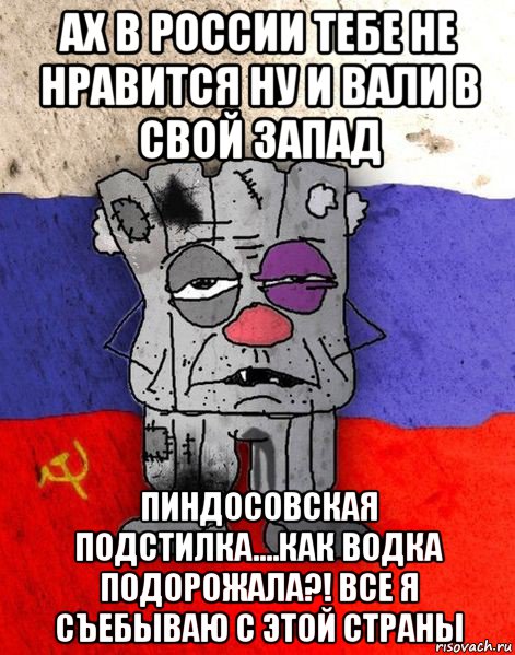 ах в россии тебе не нравится ну и вали в свой запад пиндосовская подстилка....как водка подорожала?! все я съебываю с этой страны, Мем Ватник