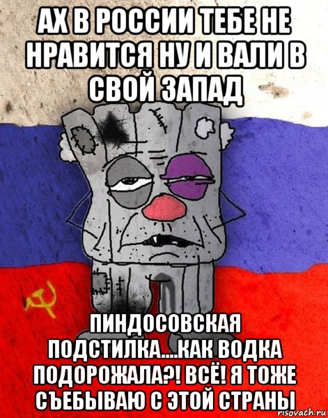 ах в россии тебе не нравится ну и вали в свой запад пиндосовская подстилка....как водка подорожала?! всё! я тоже съебываю с этой страны, Мем Ватник