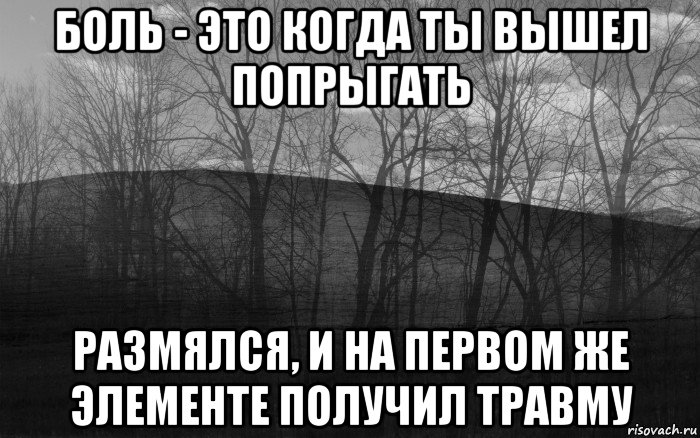 боль - это когда ты вышел попрыгать размялся, и на первом же элементе получил травму, Мем безысходность лес