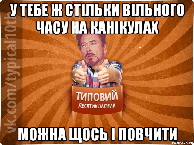 у тебе ж стільки вільного часу на канікулах можна щось і повчити, Мем десятиклассник3