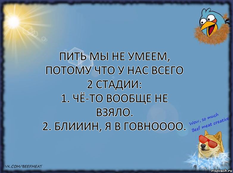 Пить мы не умеем, потому что у нас всего 2 стадии:
1. Чё-то вообще не взяло.
2. Блииин, я в говноооо., Комикс ФОН