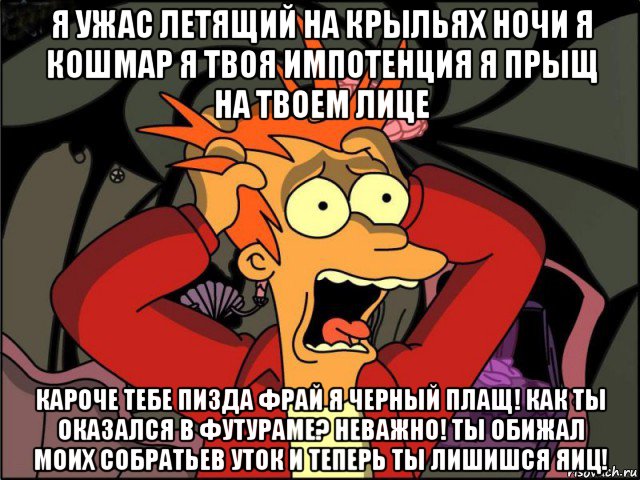 я ужас летящий на крыльях ночи я кошмар я твоя импотенция я прыщ на твоем лице кароче тебе пизда фрай я черный плащ! как ты оказался в футураме? неважно! ты обижал моих собратьев уток и теперь ты лишишся яиц!, Мем Фрай в панике