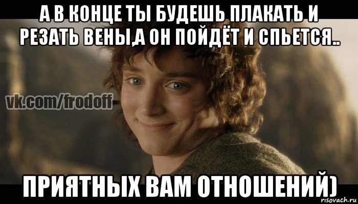 а в конце ты будешь плакать и резать вены,а он пойдёт и спьется.. приятных вам отношений), Мем  Фродо