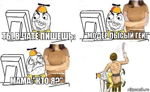 Ты в чате пишешь: "Модер лысый гей!" Мама:"Кто я?", Комикс  Ололош за компьютером