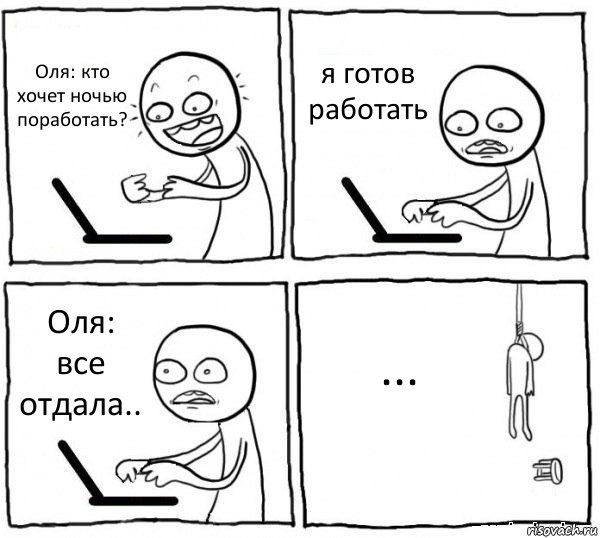 Оля: кто хочет ночью поработать? я готов работать Оля: все отдала.. ..., Комикс интернет убивает