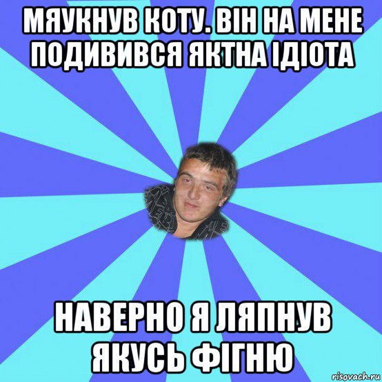 мяукнув коту. він на мене подивився яктна ідіота наверно я ляпнув якусь фігню