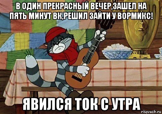 в один прекрасный вечер,зашел на пять минут вк,решил зайти у вормикс! явился ток с утра, Мем Грустный Матроскин с гитарой