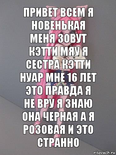 Привет всем я новенькая меня зовут Кэтти Мяу я сестра Кэтти Нуар мне 16 лет это правда я не вру я знаю она черная а я розовая и это странно, Комикс монстер хай новая ученица