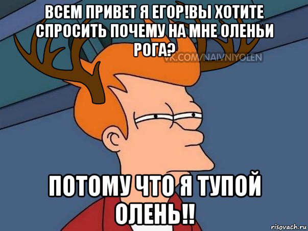 всем привет я егор!вы хотите спросить почему на мне оленьи рога? потому что я тупой олень!!, Мем  Подозрительный олень