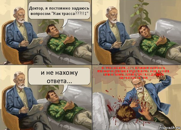 Доктор, я постоянно задаюсь вопросом "Как трасса???!!1" и не нахожу ответа... По трассе все норм . -2.1 °C, переменная облачность, атмосферное давление в пределах нормы, очень высокая влажность (94%), легкий ветер (2 м/с), дующий с северо-северо-востока., Комикс    На приеме у психолога