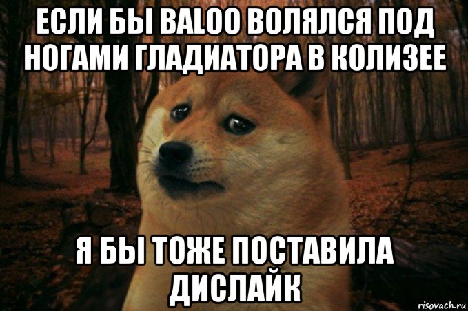 если бы baloo волялся под ногами гладиатора в колизее я бы тоже поставила дислайк, Мем SAD DOGE