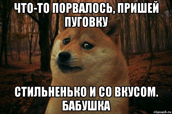 что-то порвалось, пришей пуговку стильненько и со вкусом. бабушка, Мем SAD DOGE