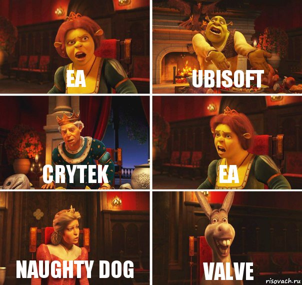 EA Ubisoft Crytek EA NAUGHTY DOG Valve, Комикс  Шрек Фиона Гарольд Осел