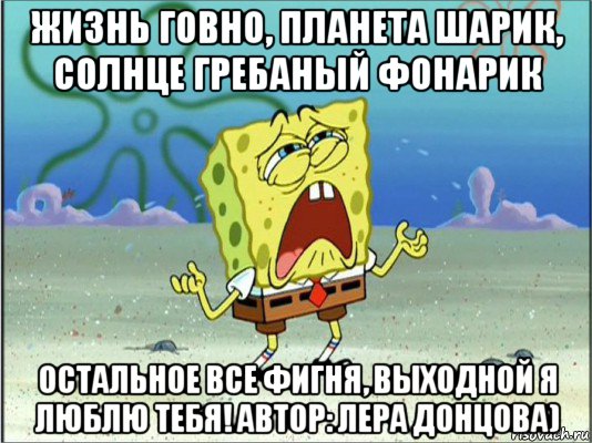 жизнь говно, планета шарик, солнце гребаный фонарик остальное все фигня, выходной я люблю тебя! автор: лера донцова), Мем Спанч Боб плачет