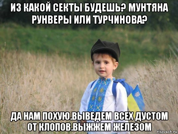 из какой секты будешь? мунтяна рунверы или турчинова? да нам похую.выведем всех дустом от клопов.выжжем железом, Мем Украина - Единая