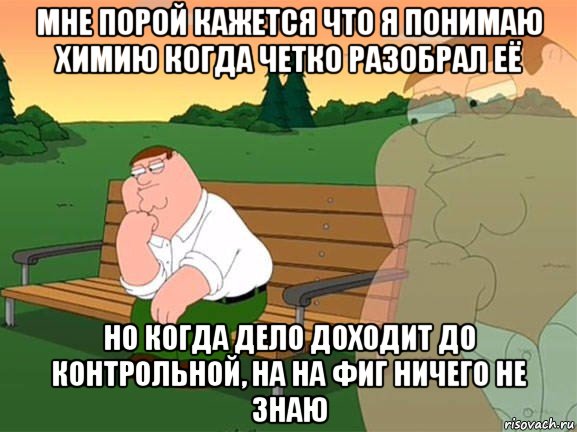 мне порой кажется что я понимаю химию когда четко разобрал её но когда дело доходит до контрольной, на на фиг ничего не знаю, Мем Задумчивый Гриффин