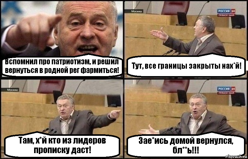 Вспомнил про патриотизм, и решил вернуться в родной рег фармиться! Тут, все границы закрыты нах*й! Там, х*й кто из лидеров прописку даст! Зае*ись домой вернулся, бл**ь!!!, Комикс Жириновский