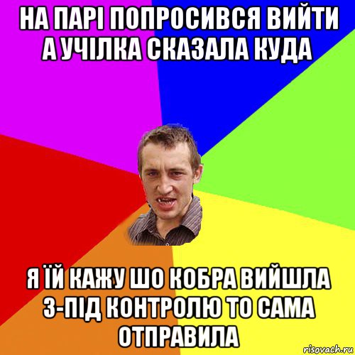 на парі попросився вийти а учілка сказала куда я їй кажу шо кобра вийшла з-під контролю то сама отправила, Мем Чоткий паца