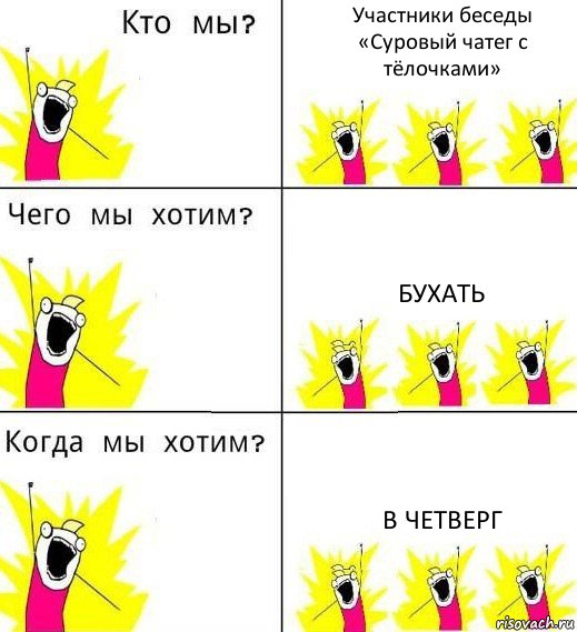 Участники беседы «Суровый чатег с тёлочками» Бухать В четверг, Комикс Что мы хотим