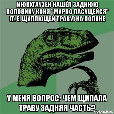 мюнхгаузен нашёл заднюю половину коня "мирно пасущейся" (т. е. щиплющей траву) на поляне у меня вопрос: чем щипала траву задняя часть?, Мем Филосораптор